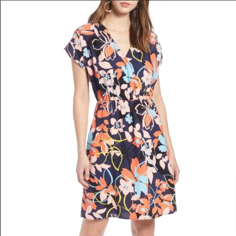 Halogen - Navy Floral Print Faux Wrap Dress Size Large